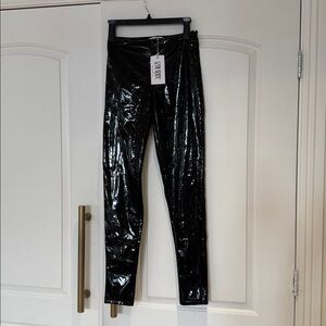 NEW 12th Tribe Black Shiny Leggings Black Faux Leather Patent Wet Look Moto
